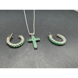 UTC 925 Sterling Silver Emerald Cross Pendant Necklace & Hoop Stud Earrings